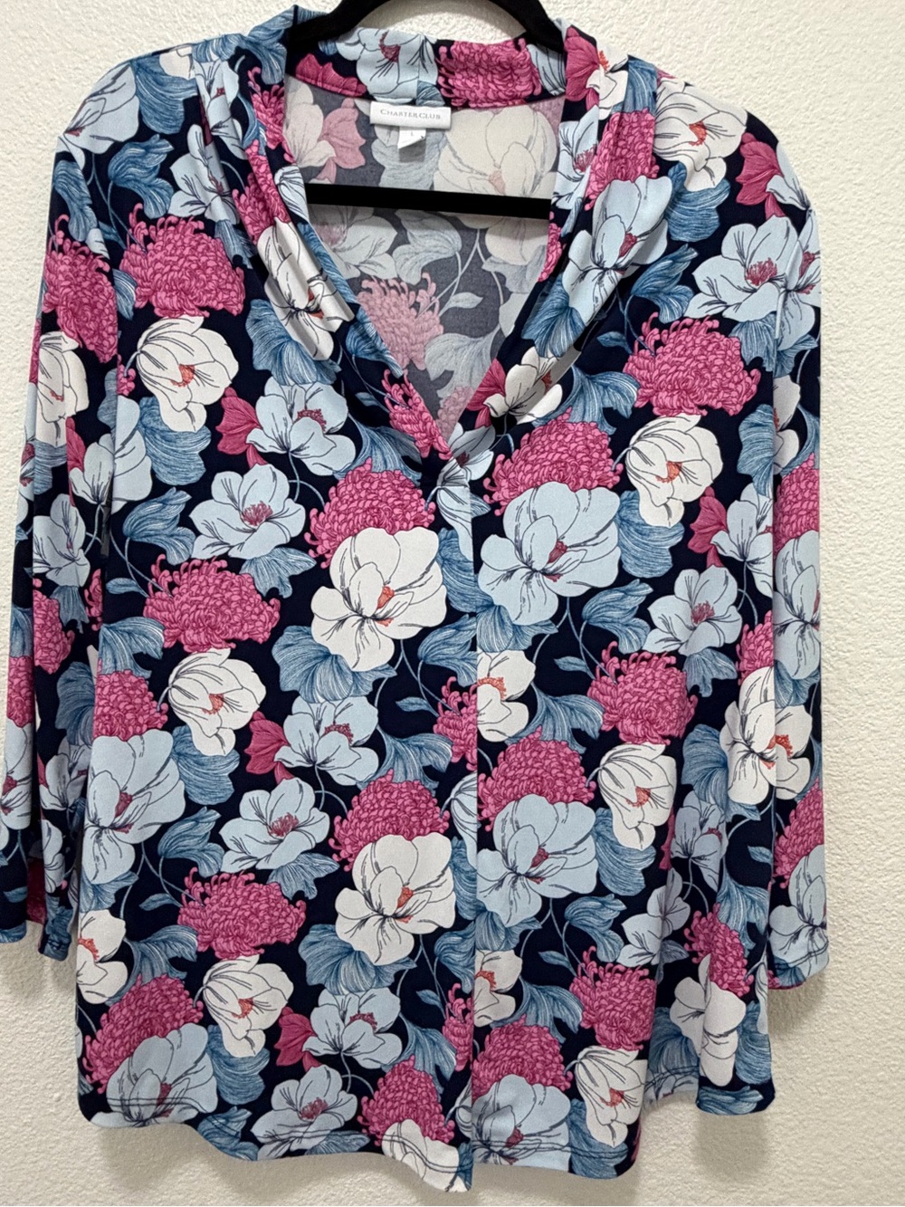 Charter Club blue and pink floral pullover blouse, 3/4 sleeves, size large